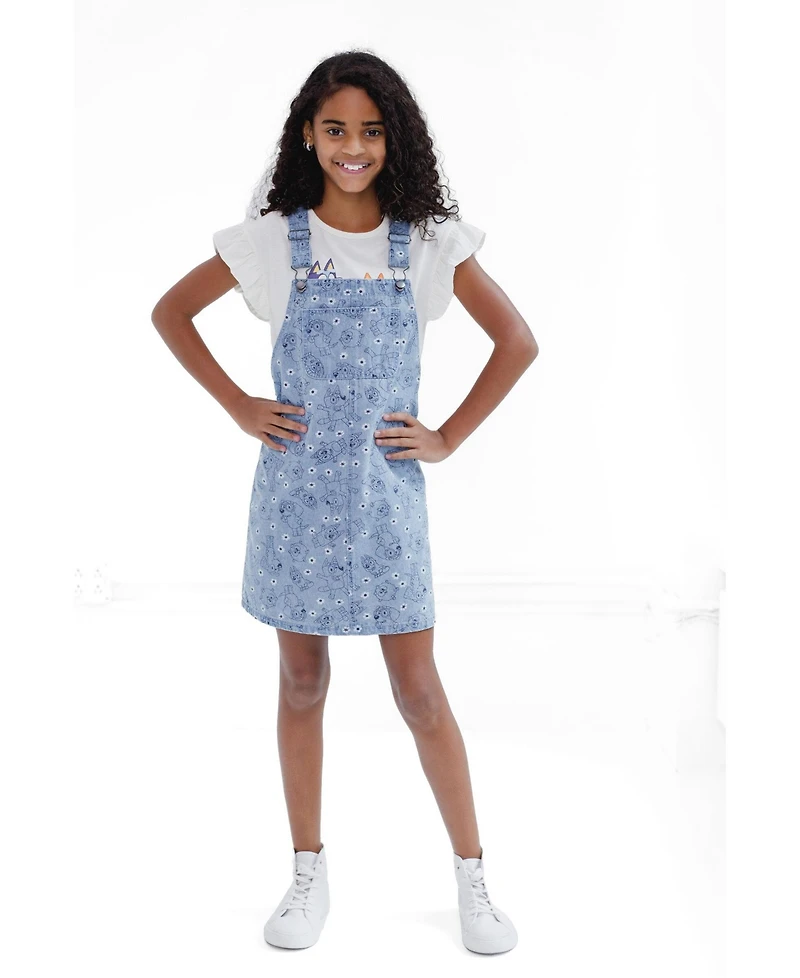 Bluey Girls' 6-12 2-Piece Tee and Denim Overall Dress Set