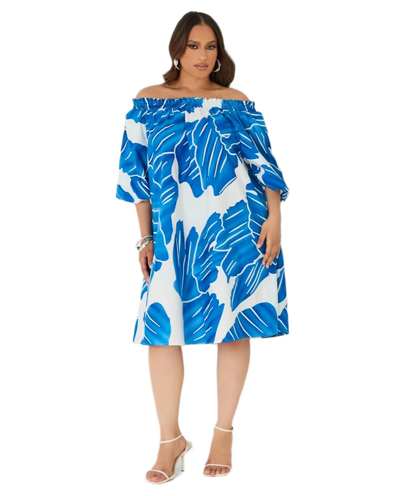 Ashley Stewart Women's Plus Off The Shoulder Leaf Print Dress