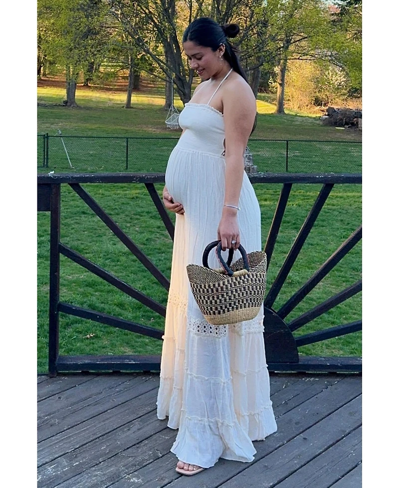 Pinkblush Women's Cream Smocked Open Back Maxi Dress