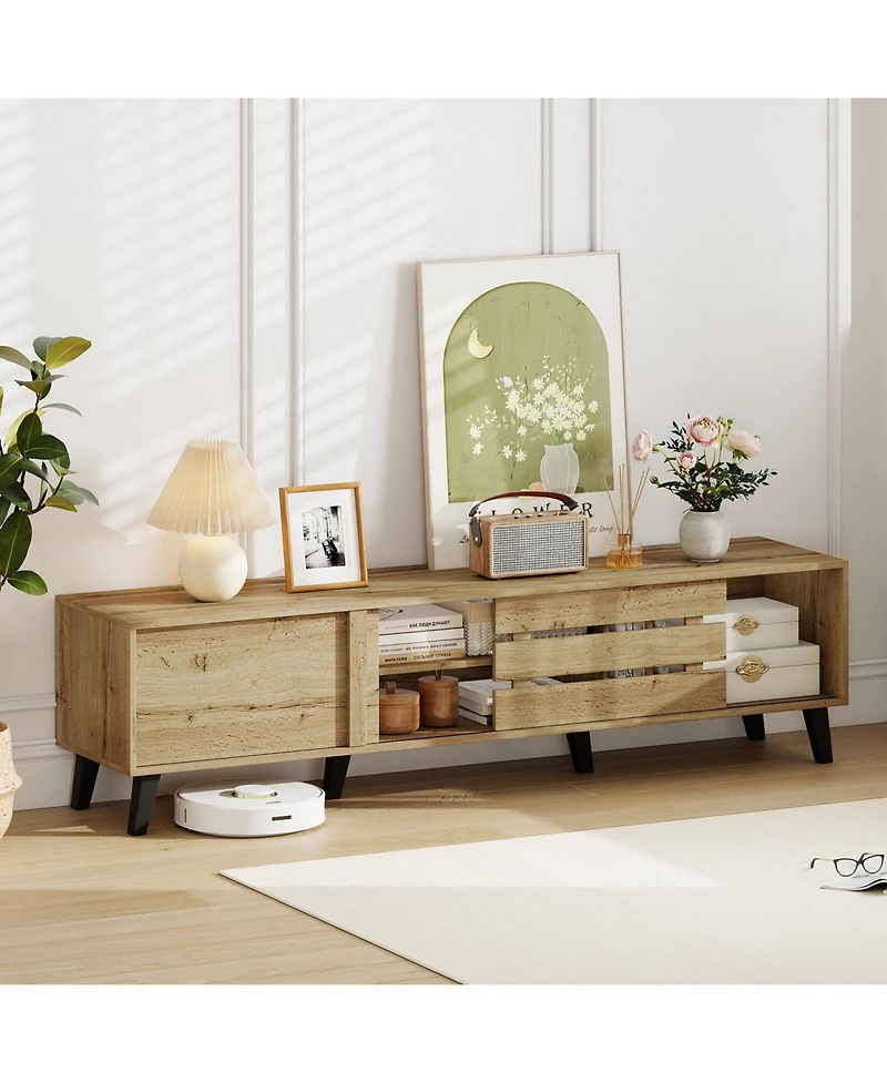 Slickblue Mid Century Modern Tv Stand for 80 Inch TVs with Sliding Door Cabinets