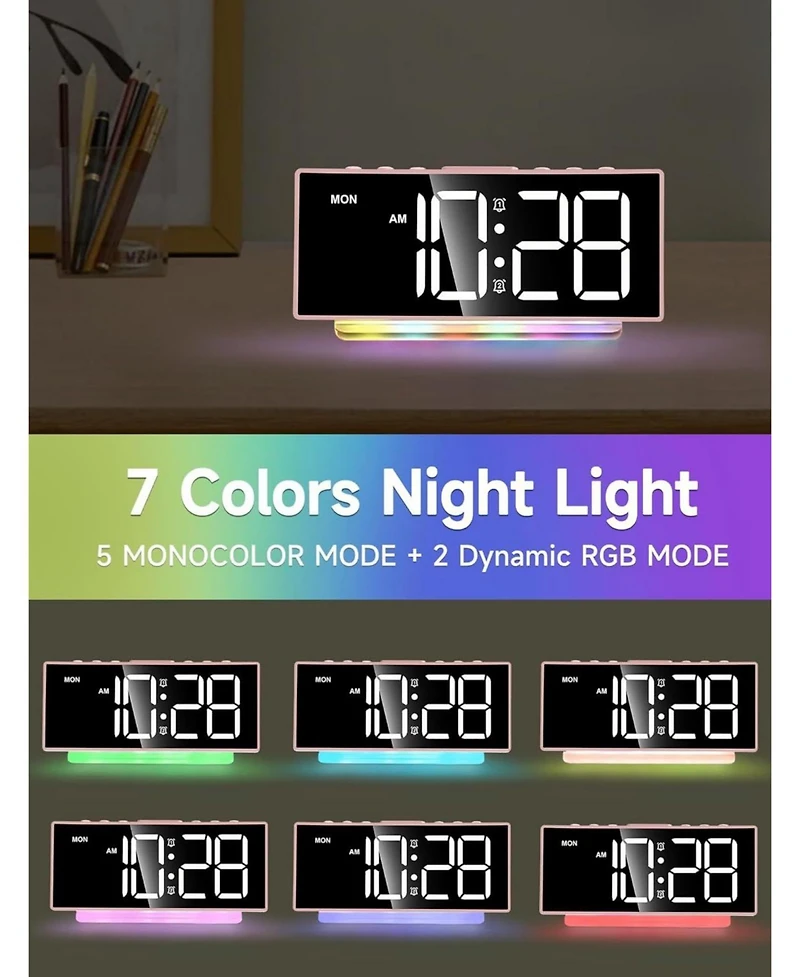 Neewer Modern Curved Cute Digital Alarm Clock,Colorful Led Display,Adjustable Volume,Weekday/Weekend Mode,Simple Clock for Bedroom