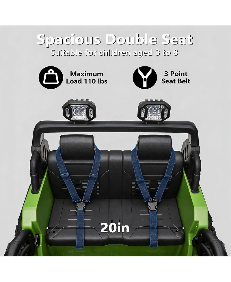 homfan 24V 2-Seater Electric Ride-On Car Motor, 20" Extra Wide Seat, 3-Speed, Parental Remote, Wireless Music, Led Lights, Safety Belt, Utv, Gift