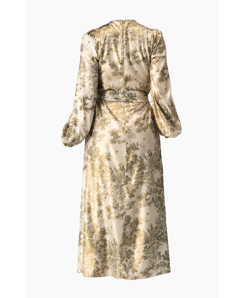 Ivonne Women's Botanical Print Satin, Long Sleeve Belted Keyhole Midi Dress