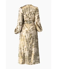 Ivonne Women's Botanical Print Satin, Long Sleeve Belted Keyhole Midi Dress