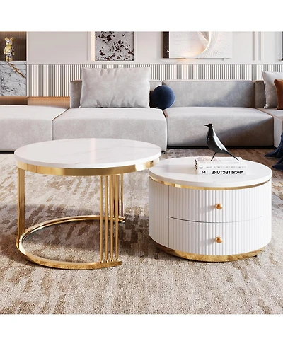Clihome Modern 2 Pieces Round Nesting Coffee Table with Drawers in 27.6'' inch