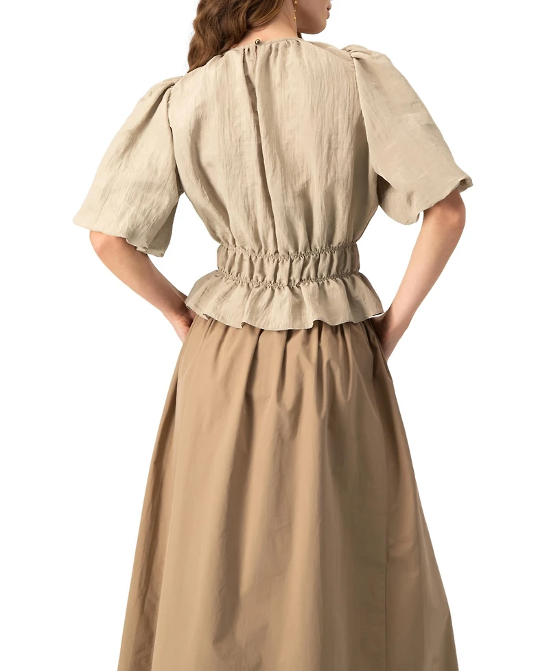 Ivonne Women's Puff Sleeve Peplum, Cinched Waist Crinkle Blouse