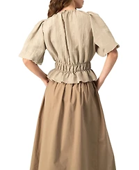Ivonne Women's Puff Sleeve Peplum, Cinched Waist Crinkle Blouse