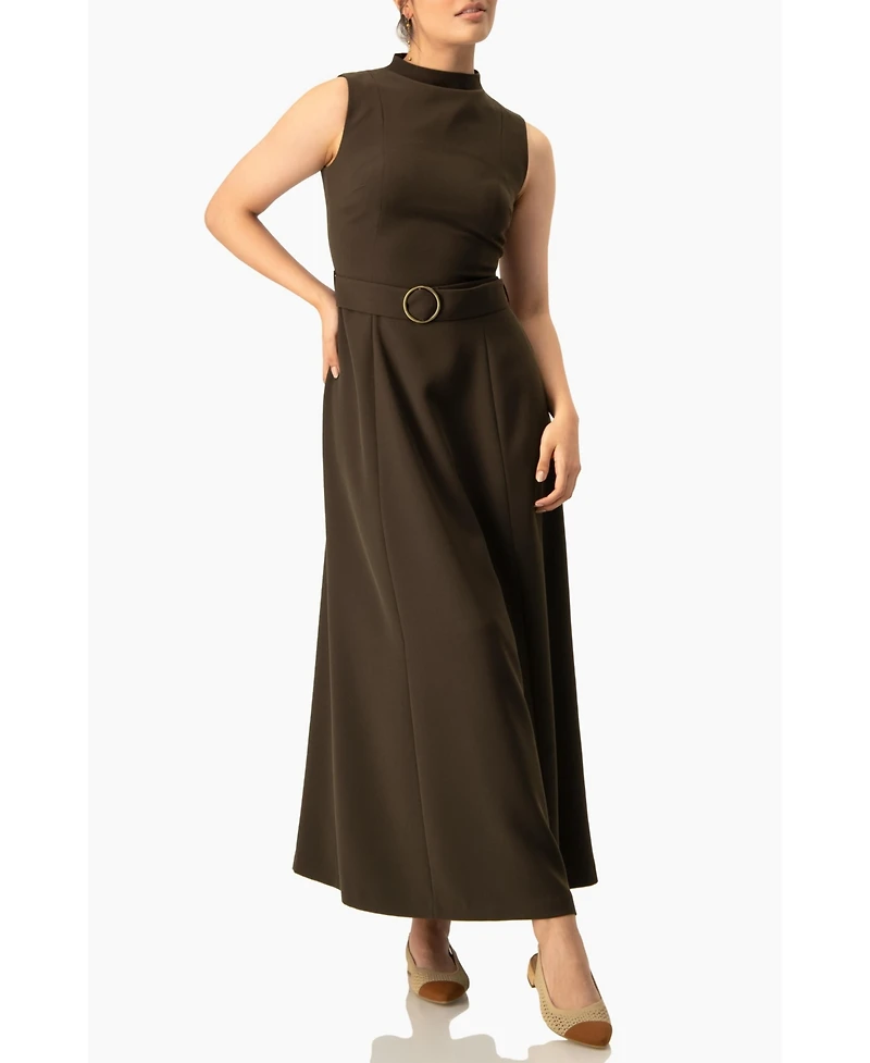 Ivonne Women's Sleeveless Belted A-Line Maxi Dress with Ring Buckle