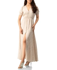 Ivonne Women's Jacquard Satin Button-Front Maxi Dress with Puff Sleeve and Smocked Waist