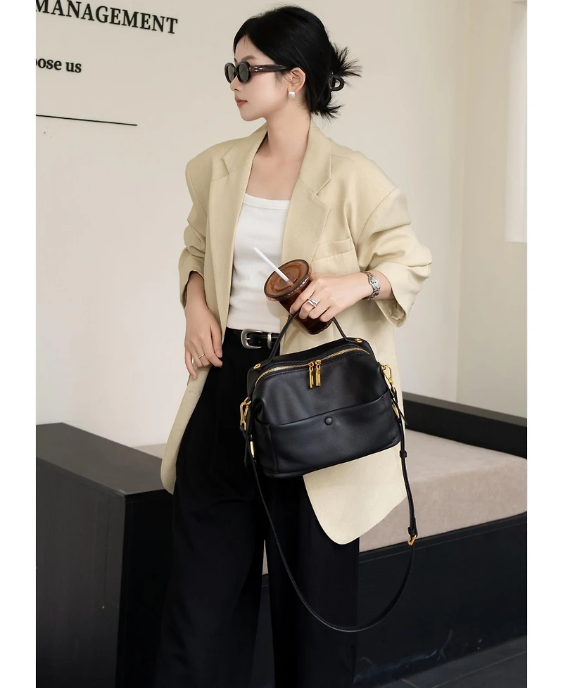 Susu Pebbled Leather Top Handle Satchel Bag Convertible Medium Soft Crossbody Purse