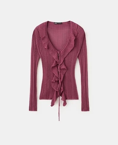 Mango Women's Ruffled Detail Textured Knit Cardigan sweater