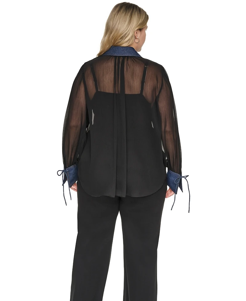 Karl Lagerfeld Paris Plus Mixed Media Collared Button-Front Top
