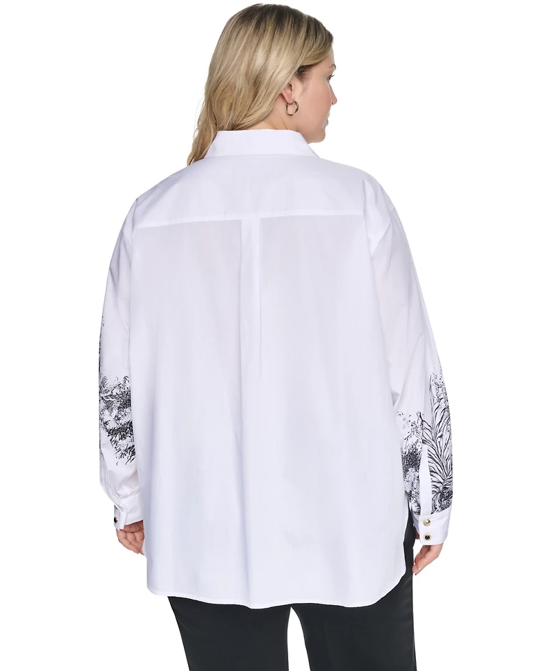Karl Lagerfeld Paris Plus City Scene Poplin Collared Long-Sleeve Top