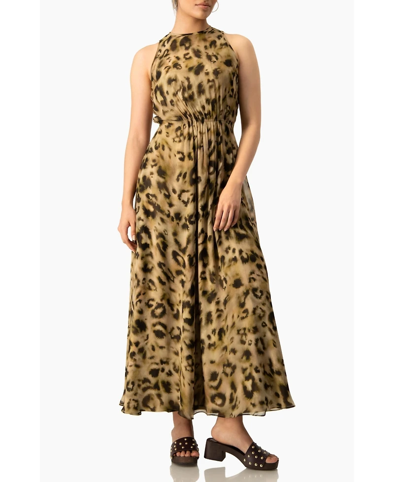Ivonne Women's Abstract Animal Print Chiffon, Sleeveless Cinched-Waist A-Line Maxi Dress