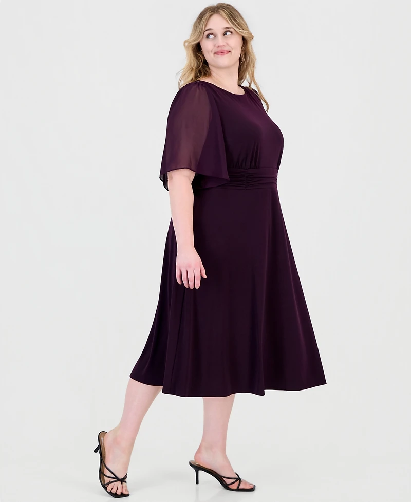 Connected Plus Round-Neck Chiffon-Sleeve Dress