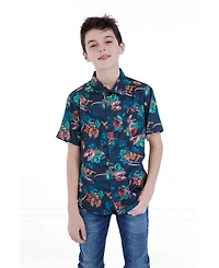 Jurassic Park T-Rex Boys' Hawaiian Short Sleeve Button Down Shirt
