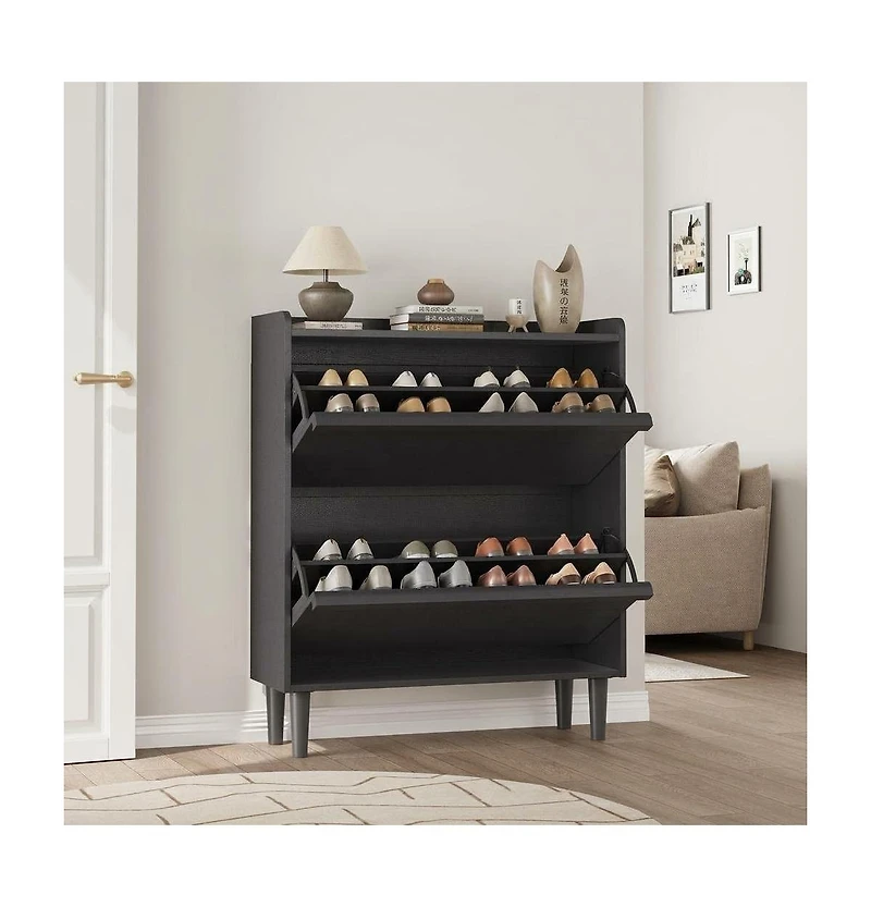 homfan 2 Flip Drawer Shoe Cabinet with Adjustable Shelf, Hidden Entryway Storage for Hallway, Living Room, Black or Oak Tone