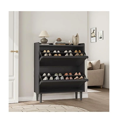 homfan 2 Flip Drawer Shoe Cabinet with Adjustable Shelf, Hidden Entryway Storage for Hallway, Living Room, Black or Oak Tone