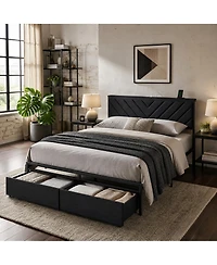 Upholstered Metal Platform Bed Frame with Charging Station Headboard & 2 Rolling Under Storage Drawers