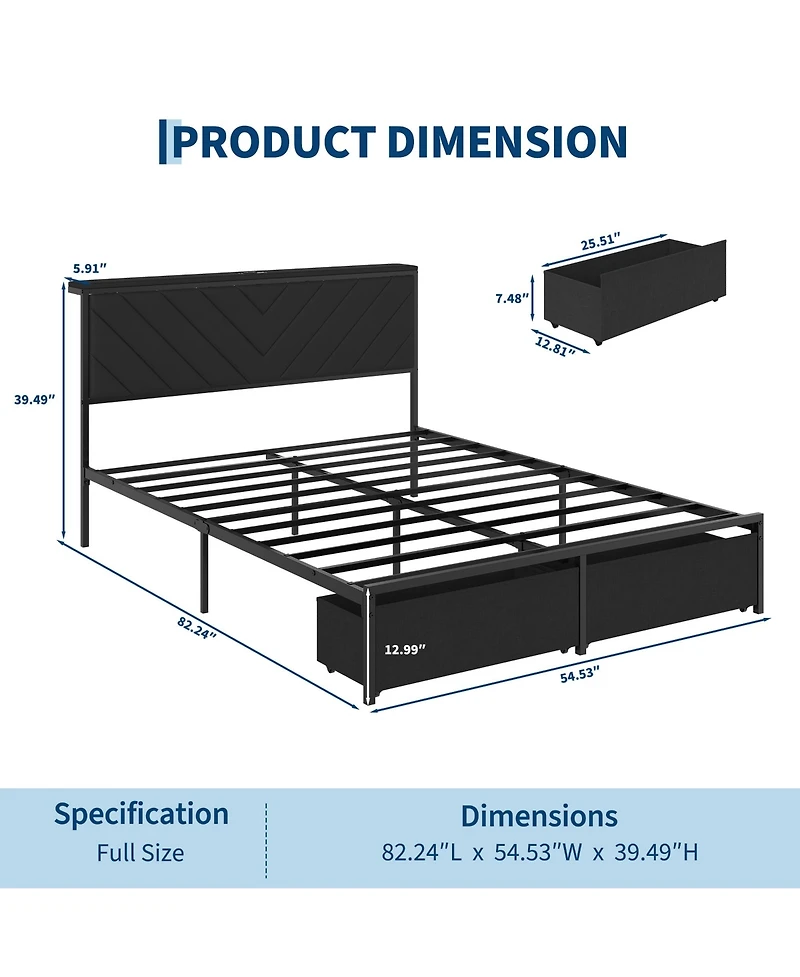 Upholstered Metal Platform Bed Frame with Charging Station Headboard & 2 Rolling Under Storage Drawers