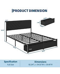 Upholstered Metal Platform Bed Frame with Charging Station Headboard & 2 Rolling Under Storage Drawers
