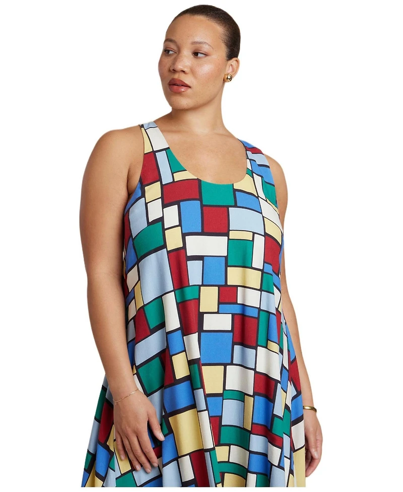 Eloquii Women's Plus Size Printed Linen Trapeze Dress
