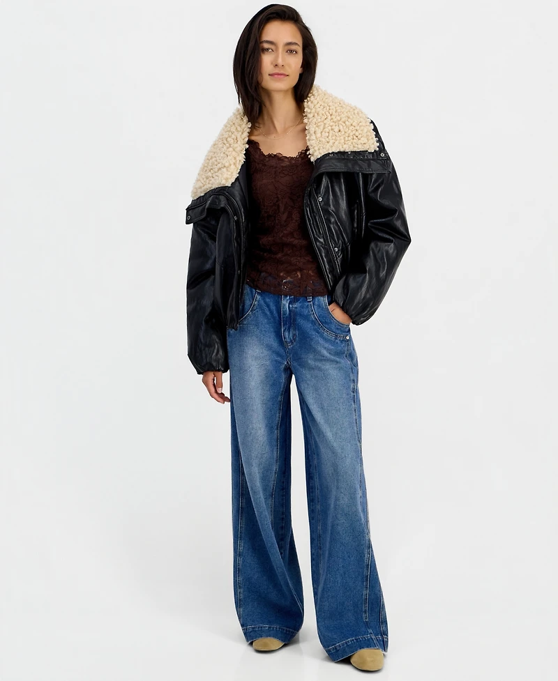 And Now This Women's Sherpa-Lined Faux Leather Moto Bomber Jacket, Macy's Exclusive