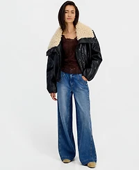 And Now This Women's Sherpa-Lined Faux Leather Moto Bomber Jacket, Macy's Exclusive