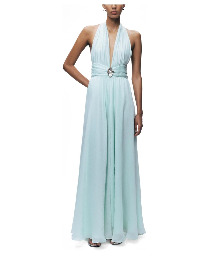 Nocturne Women's Pleated Halterneck Maxi Dress with Brooch Detail