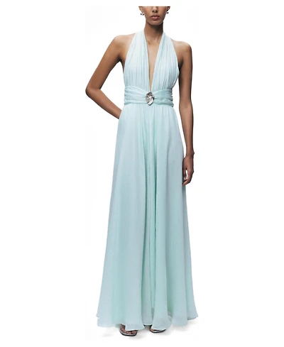 Nocturne Women's Pleated Halterneck Maxi Dress with Brooch Detail