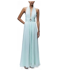 Nocturne Women's Pleated Halterneck Maxi Dress with Brooch Detail