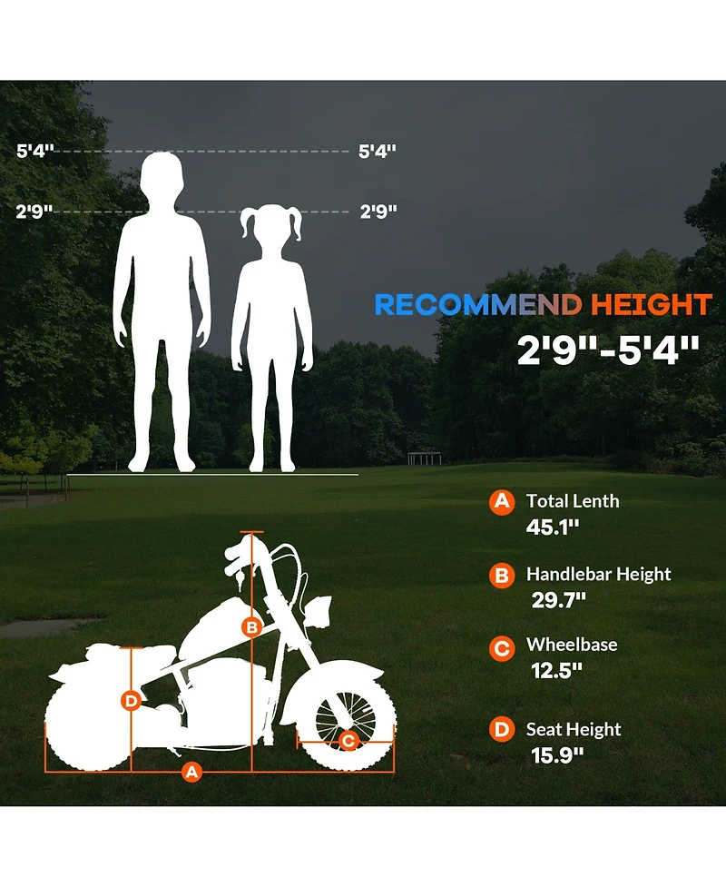 homfan 45.2 x 23.1 29.6 Inch Kids Electric Ride On Motorcycle, 24V Battery Powered Sport Bike with 18 Mph Speed for Outdoor Riding Fun