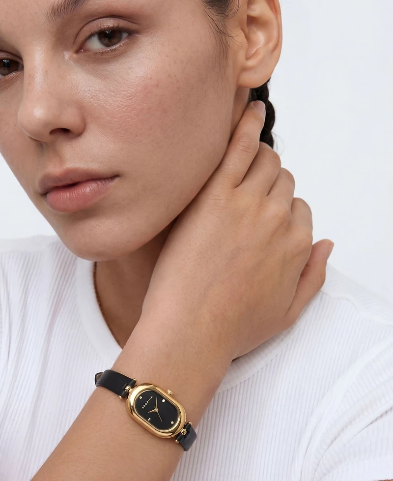 Adornia Women's Gold Milan Black Leather Band and Black Face Watch