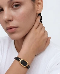 Adornia Women's Gold Milan Black Leather Band and Black Face Watch
