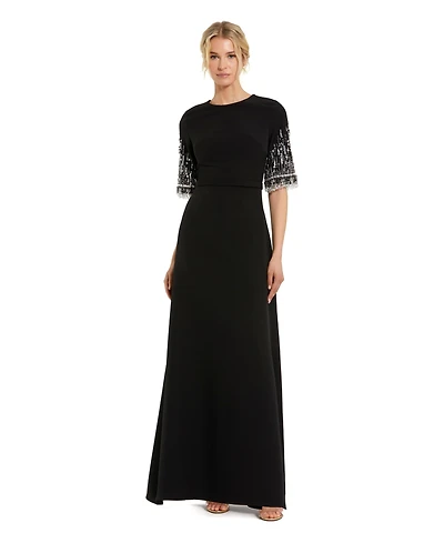Mac Duggal Petite Crepe A Line Gown With Beaded 3/4 Sleeves
