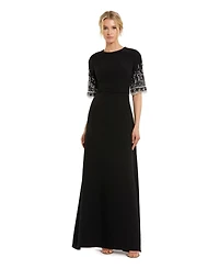 Mac Duggal Petite Crepe A Line Gown With Beaded 3/4 Sleeves