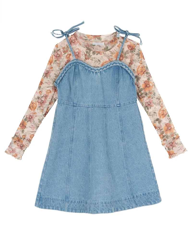 Rare Editions Girls' 7-14 Floral Top and Denim Jumper, 2-Piece Set