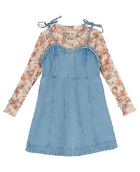 Rare Editions Girls' 7-14 Floral Top and Denim Jumper, 2-Piece Set