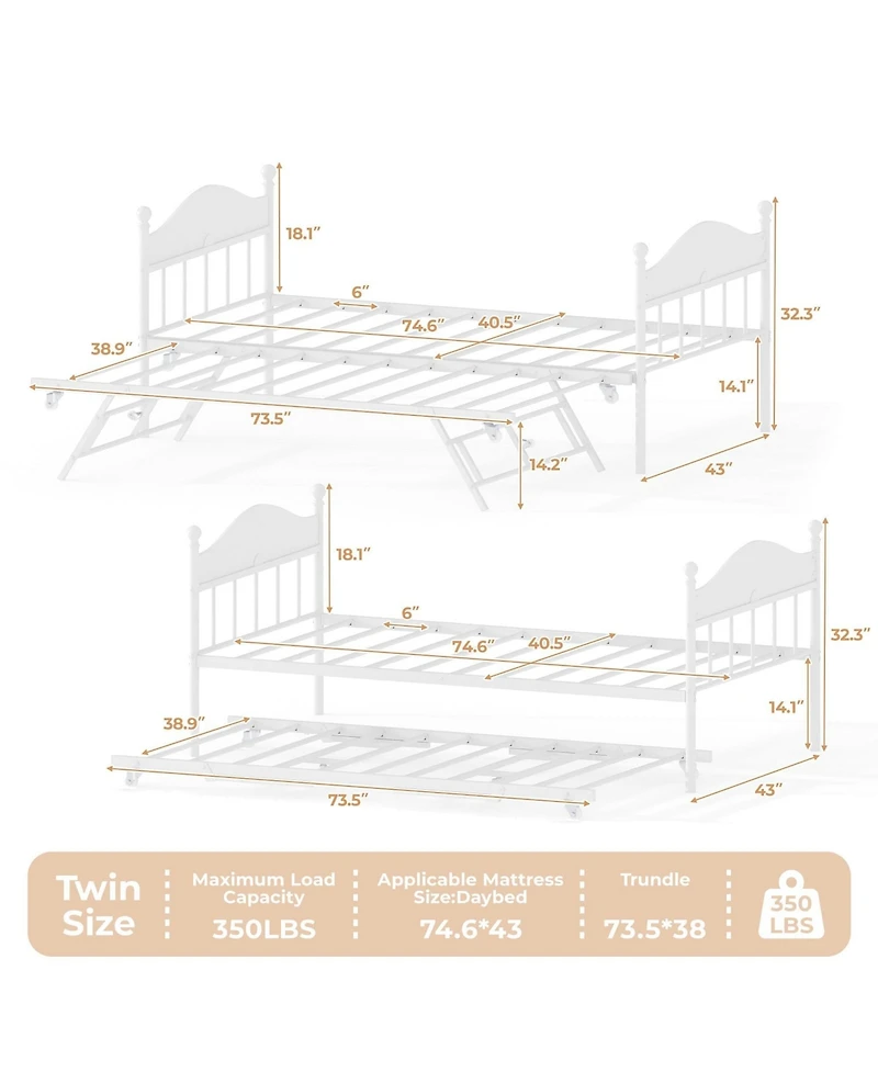 homfan Daybed with Pop-Up Trundle, Metal Sofa Bed Frame with Headboard, Locking Casters, Steel Slats, No Box Spring Needed