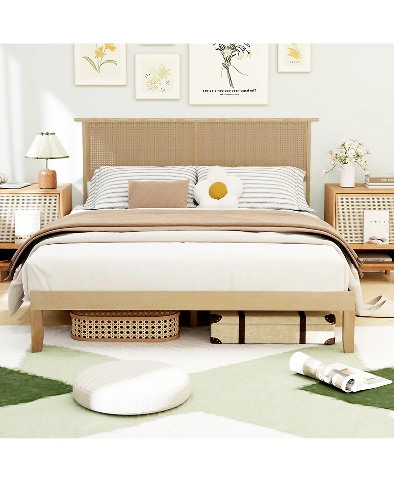 Slickblue Platform Bed Frame with Rattan Headboard and Durable Support