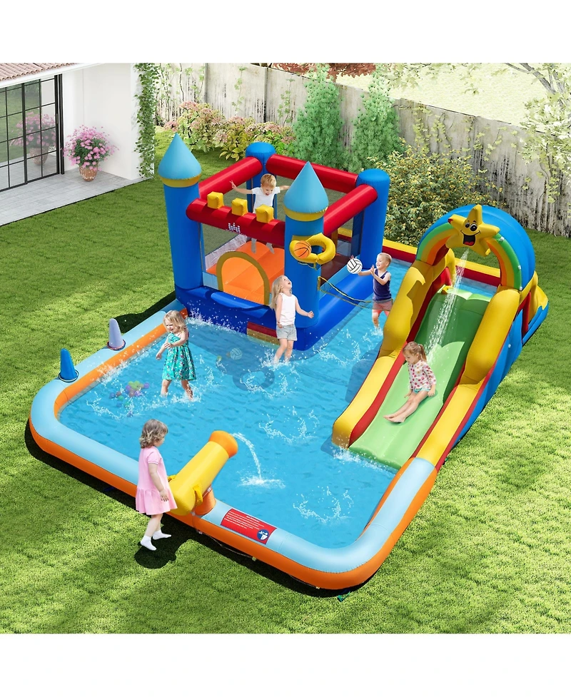 Gymax Giant Water Slide Bounce House with Climbing Wall Splash Pool and Basketball Hoop