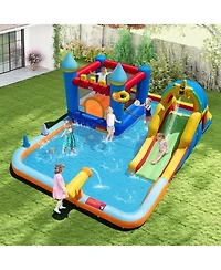 Gymax Giant Water Slide Bounce House with Climbing Wall Splash Pool and Basketball Hoop