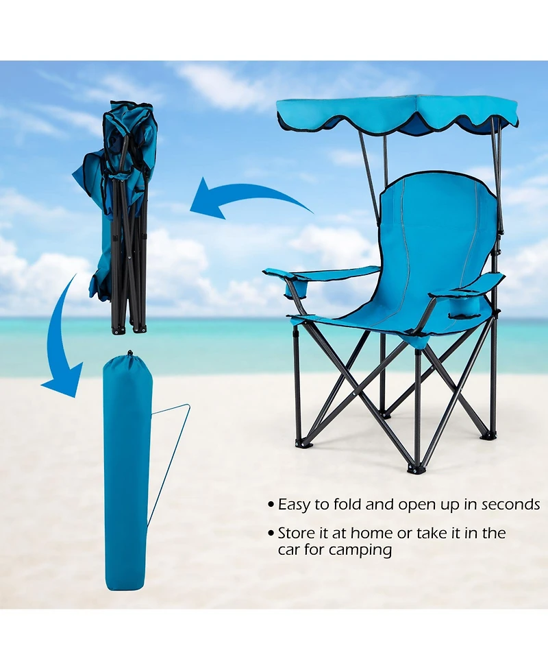 Gymax Folding Camping Chair with Canopy Cup Holder Ergonomic Armrest Solid Steel Frame