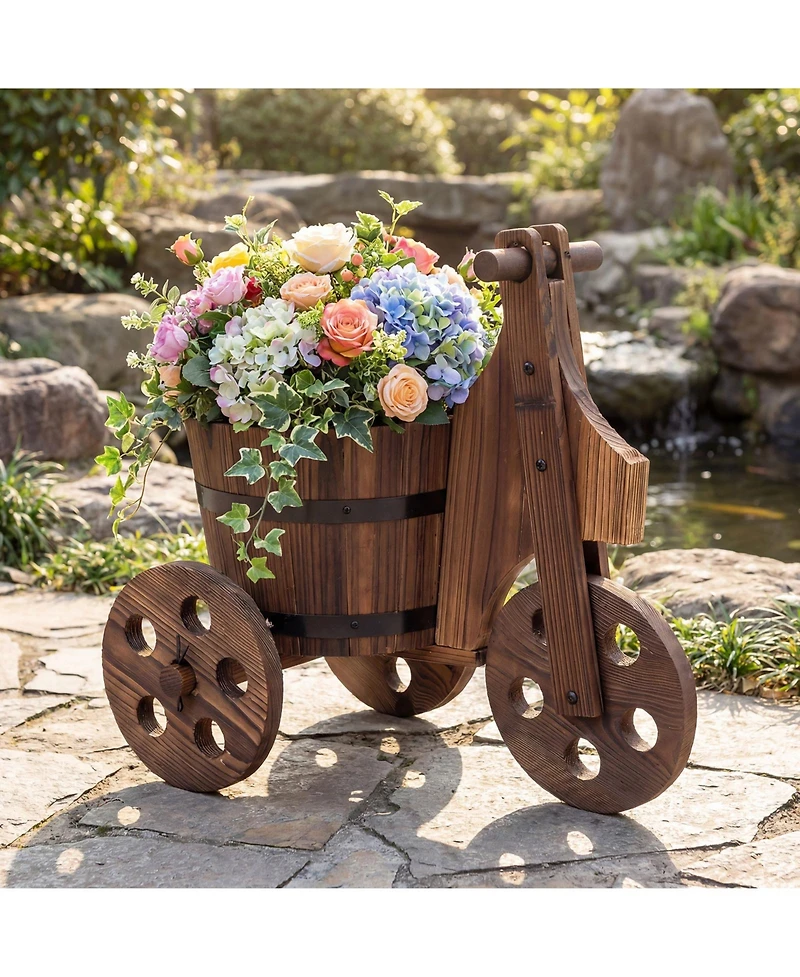 Costway Rustic Wood Tricycle Planter with Barrel Pot and Drainage for Patio