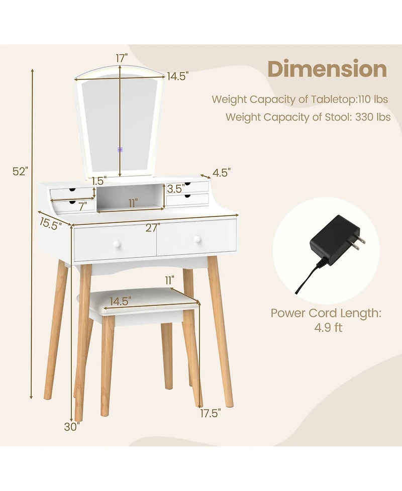 Costway Vanity Desk Set with Lighted Mirror 3-Color Adjustable Led Lights Drawers