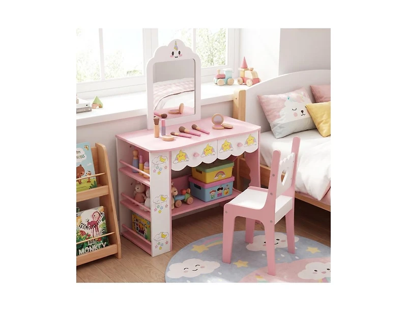 Slickblue Kids Vanity Set Princess Makeup Table with Mirror and Chair for Girls