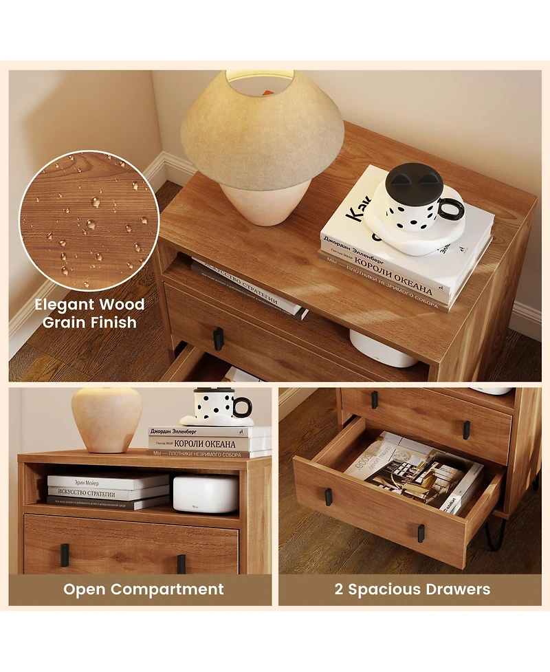 Slickblue 2 Drawer Nightstand with Storage Compartment Mid Century Design