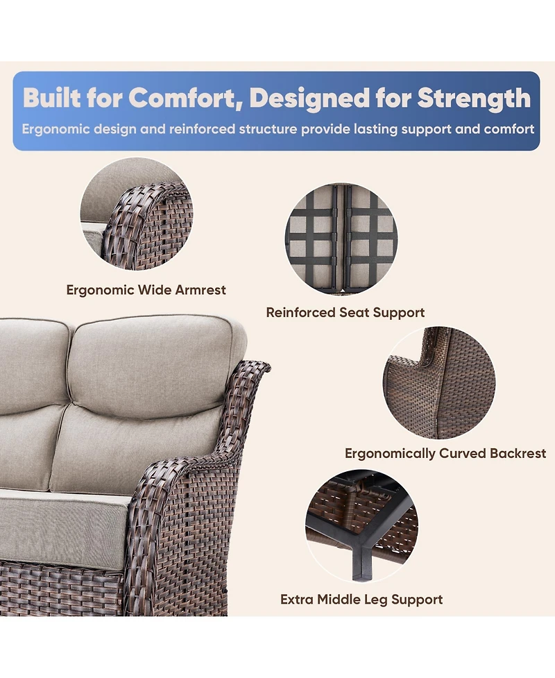 Pocassy Luxury Patio Furniture Set with 6-inch Thick Cushion, Outdoor Fire Pit Table, Swivel Chairs, Side Sofa