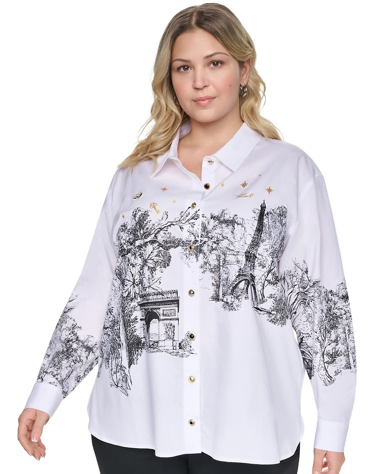 Karl Lagerfeld Paris Plus Size City Scene Poplin Collared Long-Sleeve Top