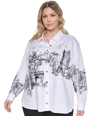 Karl Lagerfeld Paris Plus Size City Scene Poplin Collared Long-Sleeve Top